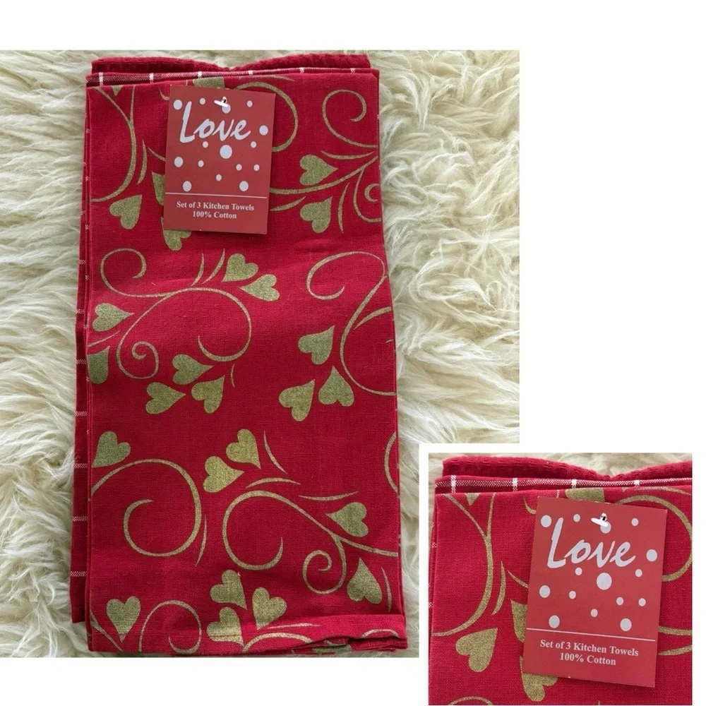 ❤️ Set/3 Red and Gold Cotton Kitchen Towels